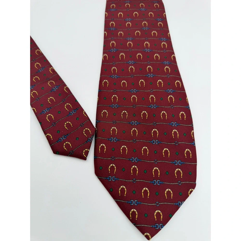 Fendi Mens Silk Tie Burgundy Red Horseshoe Equestrian Motif Made in Italy